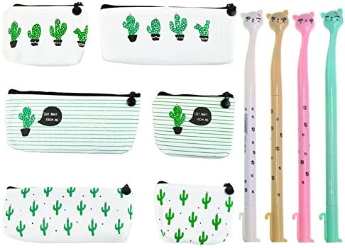 Someamy 6 PCS Printed Cactus Pencil Case, Canvas Pencil Case Pouch Purse Bag Large Capacity Stationary &amp; Cosmetic Makeup Bag with 4 Pcs Cute Pens