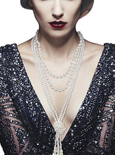VAMEI Pearls Necklace Strand Vintage Long Knot 1920s Gatsby Party Costume Accessories Women Mother's Day