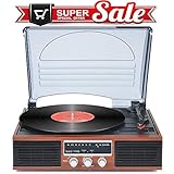 Record Player with Speakers Vintage Turntable 3-Speed Bluetooth Vinyl Record Player Support FM Stereo Radio with Clear Channel Screen Audio Output Retro Brown Wood 2020 Upgraded