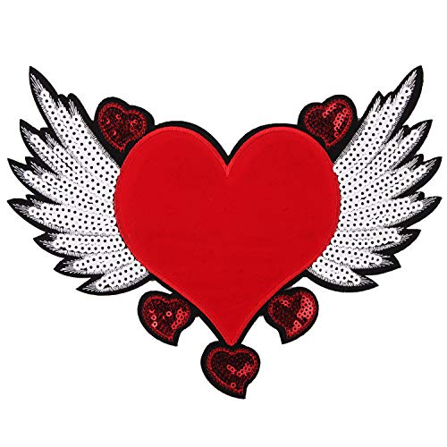 JKJF Large Heart Sequins Patch with Flying Wings Sequins Patch Sew on Patches Embroidered Badge Motif Applique Compatible Clothing Jeans T-Shirt DIY Sewing Apparel Accessories (2 Pieces)