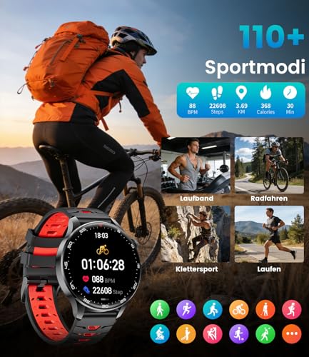 Reloj Inteligente Hombre 2026 con Llamada, Gran pantalla HD de 1,7'' con Batería de 800 mAh, Luz LED, Mide Sueño y Ritmo Cardíaco, 100+ Modos Deportivos, Smartwatch IP68 para Android e iOS, Negro-Rojo