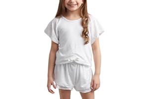 Steve Madden Girls Shorts Set - 2 Piece Knit Ruched Hem Eyelet T-Shirt with with Ruffle Shorts - Outfit Set for Girls, 4-12