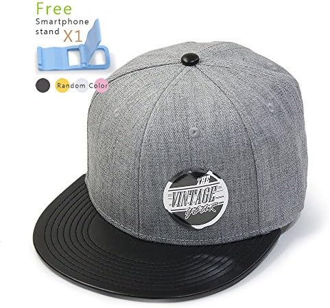 Premium Plain Wool Blend Leather Flat Bill Adjustable Snapback Hats Baseball Caps (Various Colors) (Leather Black/Heather Gray)