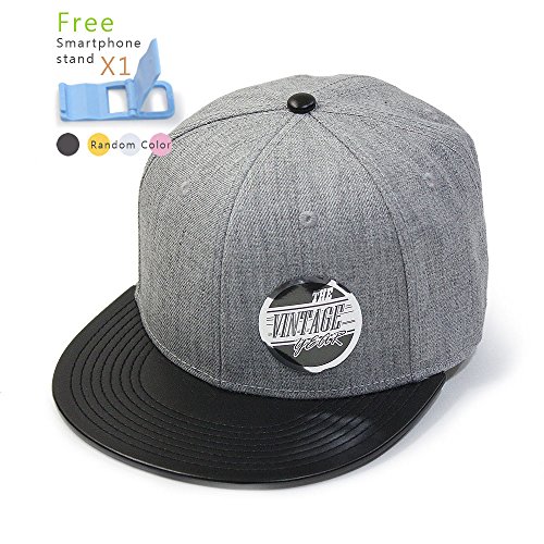 Premium Plain Wool Blend Leather Flat Bill Adjustable Snapback Hats Baseball Caps (Various Colors) (Leather Black/Heather Gray)