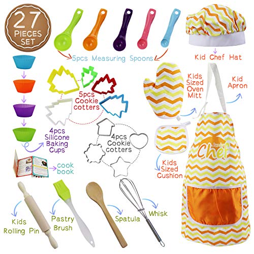 Real Kids Baking Set for Girls – 27 Pcs Gift Set Includes Kids Apron, Chef Hat, Oven Mitt, Real Baking Tools and Recipes for The Curious Young Junior Chef