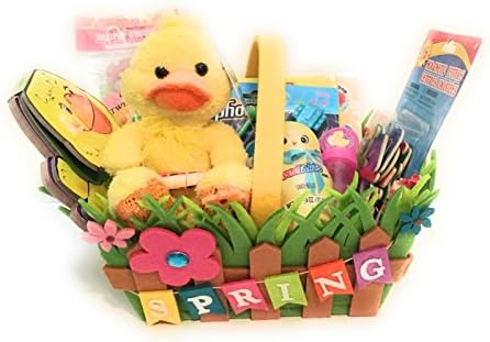 Child's Spring Easter Basket Filled with Toys &amp; Candy Wrapped Up with a Yellow Bow