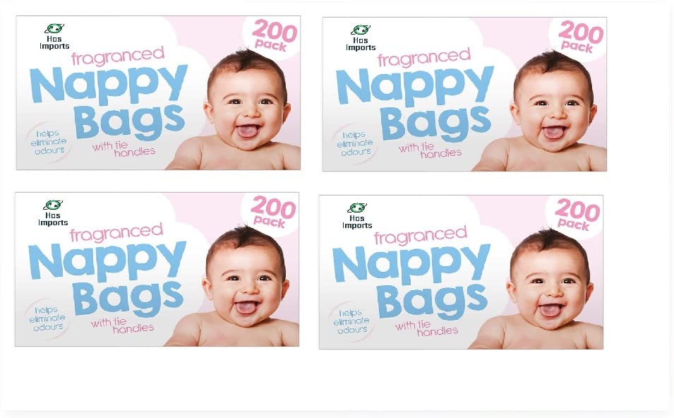4 Boxes x 200 (800) Baby Fragranced Scented Nappy Bags with EASY TIE Handles Disposable Sacks