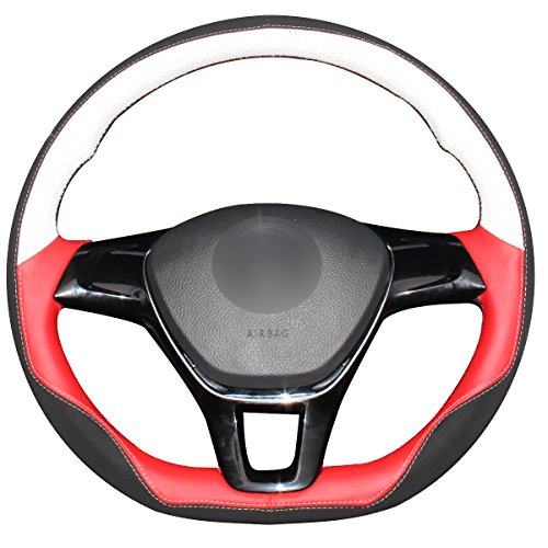 MEWANT White Red Genuine Leather Black Suede Car Steering Wheel Cover for Volkswagen VW Golf 7 Mk7 / New Polo / Jetta / Passat B8 Tiguan 2017 Sharan 2016 2017 Touran 2016 2017 Up 2017(without paddle)