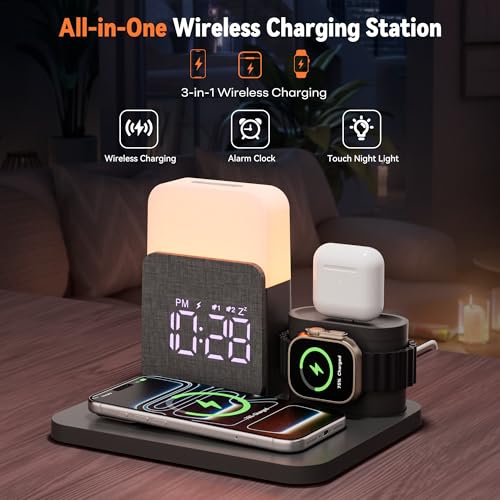 5 en 1 Station de Charge pour A-pple Reveil Chargeur Induction pour i Phone 17-11 pour air-pods A-pple Watch Chargeur sans Fil avec Lampe pour la Chambre à Coucher Adaptateur Inclus