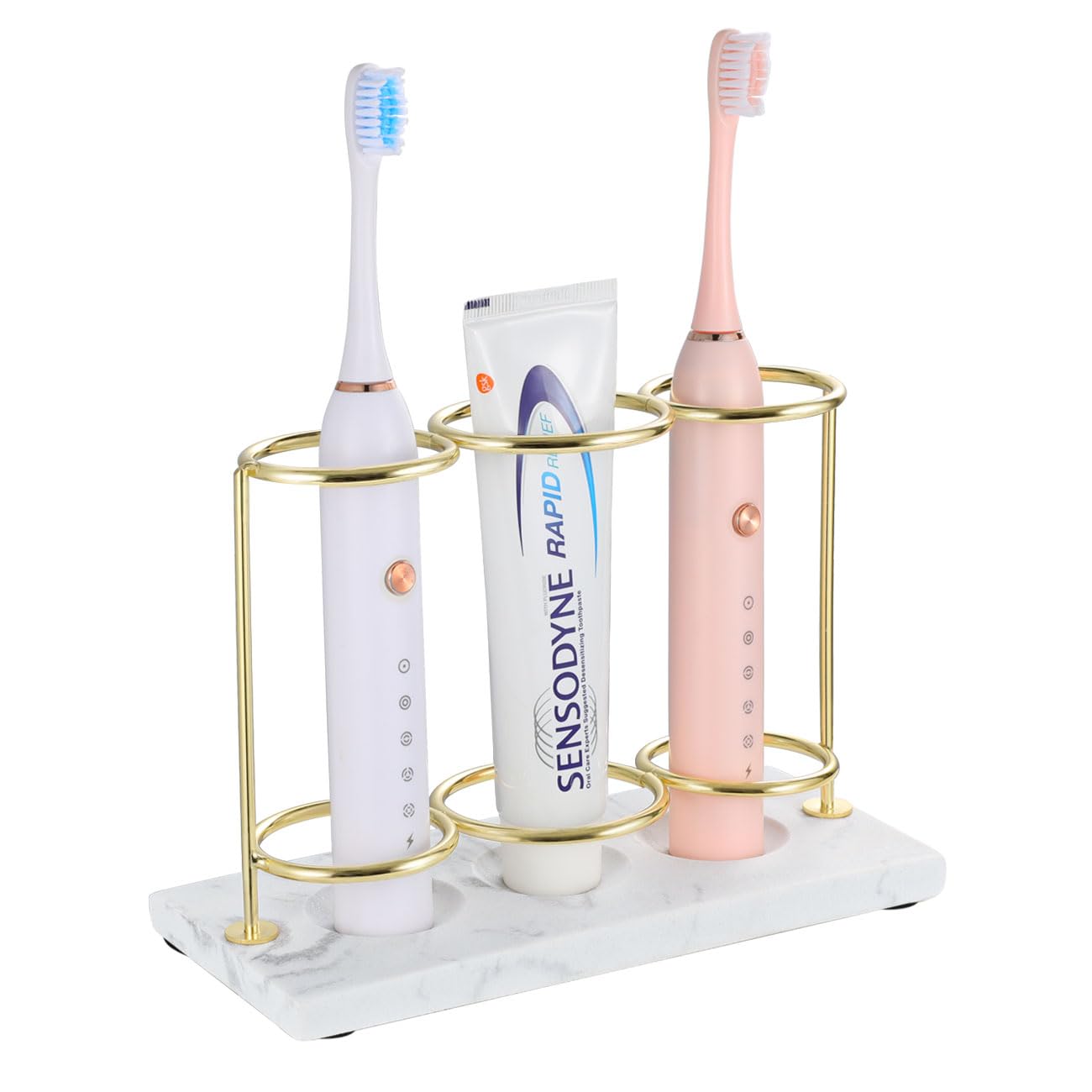 Emibele Electric Toothbrush Holder, 3 Slots 2-Layer Resin Electric Toothbrush Holder Bathroom Toothpaste Razor Storage Non-slip Organizer for Bathroom Toothbrush Toothpaste Cleanser, Gold Marble White — image 1