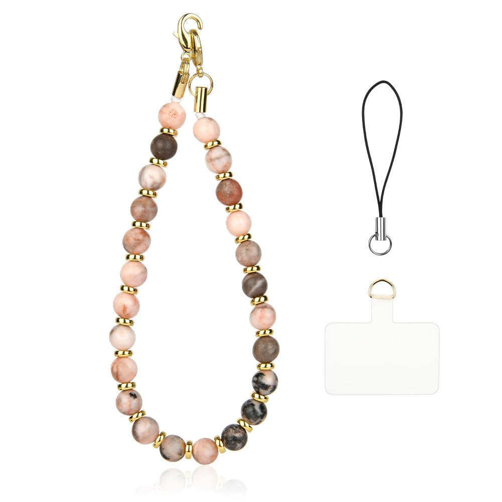 OFFCUP Phone Charm, Natural Stone Beaded Charms Lanyard, Anti-Lost Charm Wrist Strap Phone Lanyard Wrist Strap Keychain for Wallet Handbag Camera Cell Decoration (Pink Zebra)