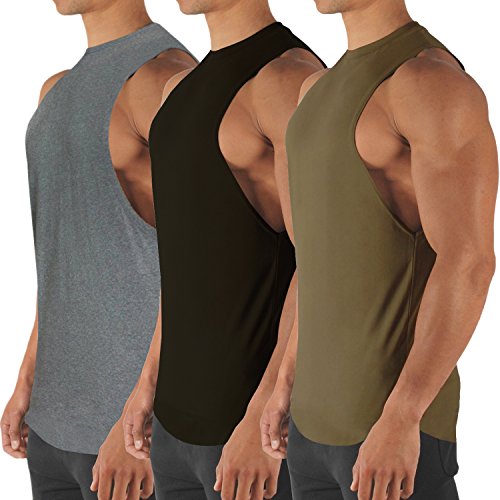 Ouber Mens Fitted Gym Bodybuilding Tank Tops Pack of 3 (S, Army/Black/Grey)