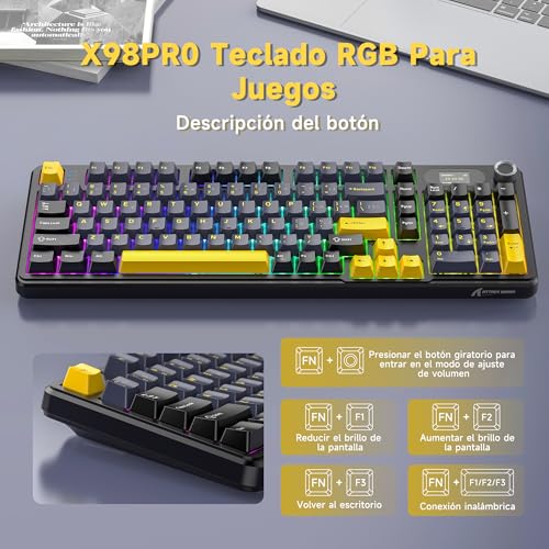 ATTACK SHARK X98Pro Teclado Inalambrico, Teclado Mecánico con Bluetooth/Type C/2.4G/, Teclado Gamer con Pantalla LED a Color y Teclado Numérico para PC y Mac (Negro)