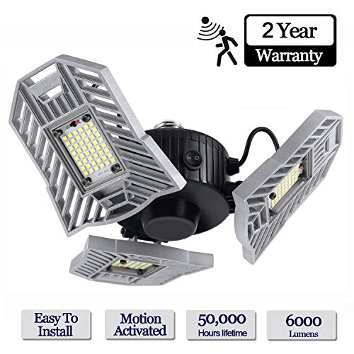 LED Garage Lights, 60W 6000LM Motion Activated LED Garage Ceiling Light Bulbs for Full Area, Adjustable Garage Lighting Fixtures Ceiling Led with Motion Sensor