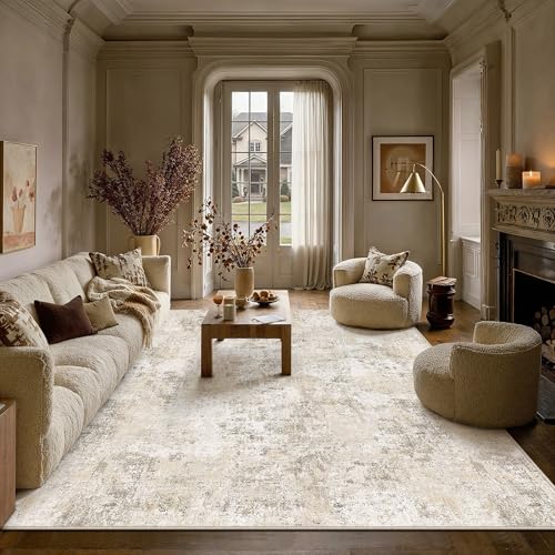PureCozy Rugs Living Room Rug 200x300cm Beige Washable Non Slip Abstract Natural Neutral Modern Large Carpet Bedroom Lounge Bedside Kitchen Hall Low Pile Carpets
