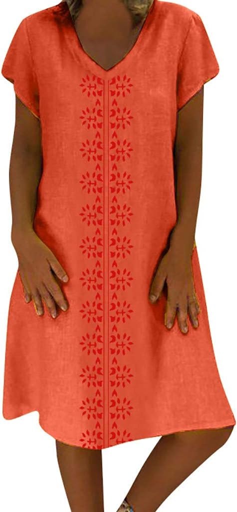 TUDUZ DressMini Dresses TUDUZ Sale Clearance Women Summer Plus Size Vintage Ethnic Printed V-Neck Cotton and Linen Shift Dress
