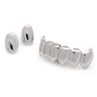 LuReen 4 Color 2pc Vampire Fangs Single Top and 6 Shiny Bottom Grills Teeth Combo