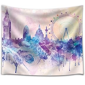Hues of Purples and Pinks Splattered Paint on The City of London with The Big Ben and The London Eye - Fabric Tapestry, Home Decor - 51x60 inches