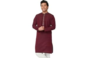 In-Sattva Men's Indian Embroidered Banded Collar and Placket Long Kurta Tunic