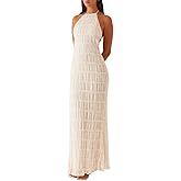 Faymlc Women Halter Neck Pleated Maxi Dress Sleeveless Backless Smocked Long Dress Open Back Flowy Sundress Vacation Dresses