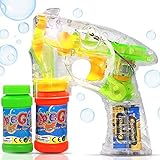 Haktoys Transparent Bubble Shooter Gun | Ready to Play Light Up Blower with LED Flashing Lights, Extra Refill Bottle, Bubble Blaster Toy for Toddlers, Kids, Parties (Sound-Free, Batteries Included)