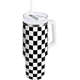 Tatenale 30 oz Tumbler with Handle Lid and Straw Leak Proof Insulated Stainless Steel for Water Coffee or Ice Tea Keep Cold or Hot Checkerboard Checkered Black and White