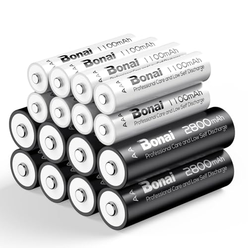 BONAI Rechargeable Batteries AA and AAA (Pack of 16, 8AA + 8AAA) - Mixed Pack NiMH 1.2V High Capacity 2800/1100 mAh | 1200 Cycles, Low Self-Discharge, Perfect for Home Equipment