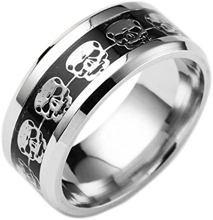 Rosemes 8mm Titanium Wedding Band for Men with Skull Pattern Beveled Edges Stainless Steel Rings Sizes 6-13 9 Black Silver