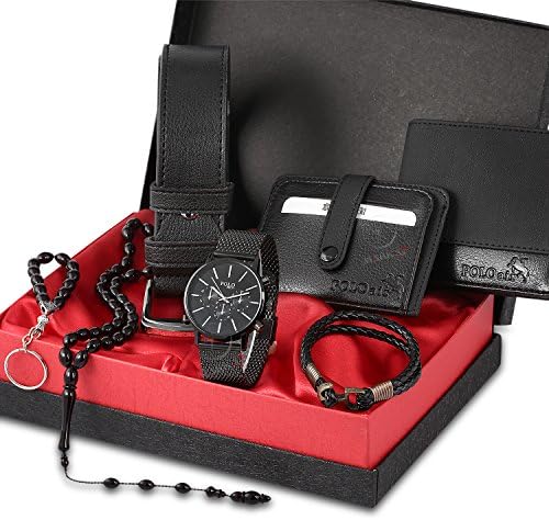 POLO Men's Black Set ( Wrist Watch - Belt - Wallet - Credit Card Holder - Key Chain - Bracelet - Bead )
