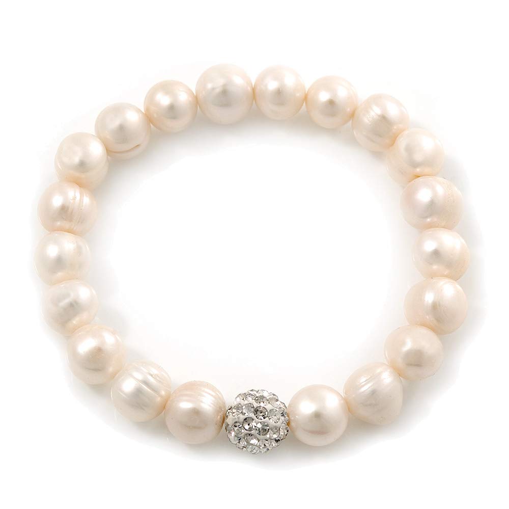 Avalaya 10mm Freshwater Pearl With Clear Crystal Disco Ball Bead Stretch Bracelet - 18cm L