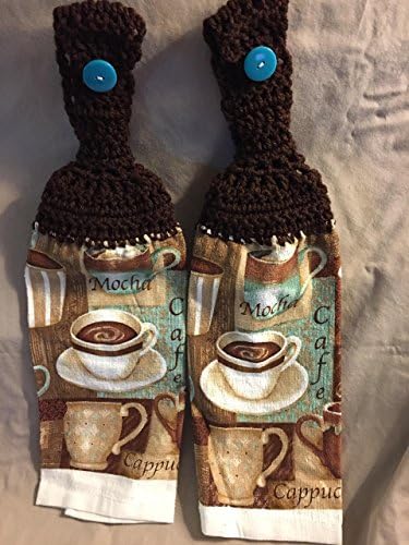 Free shipping to USA included in price - 2 CROCHET KITCHEN hand TOWEL LIGHT to MEDIUM weight terry cloth - Coffee Cups - CHOCOLATE BROWN acrylic yarn top - smoke free - pet free