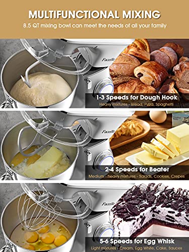 8.5 L 2000 W Bread Mixer for Pastries, Facelle Kitchen Robot, Kneader, Low Noise, Powerful and Professional, 6 Speeds with Pulse, Stainless Steel Bowl