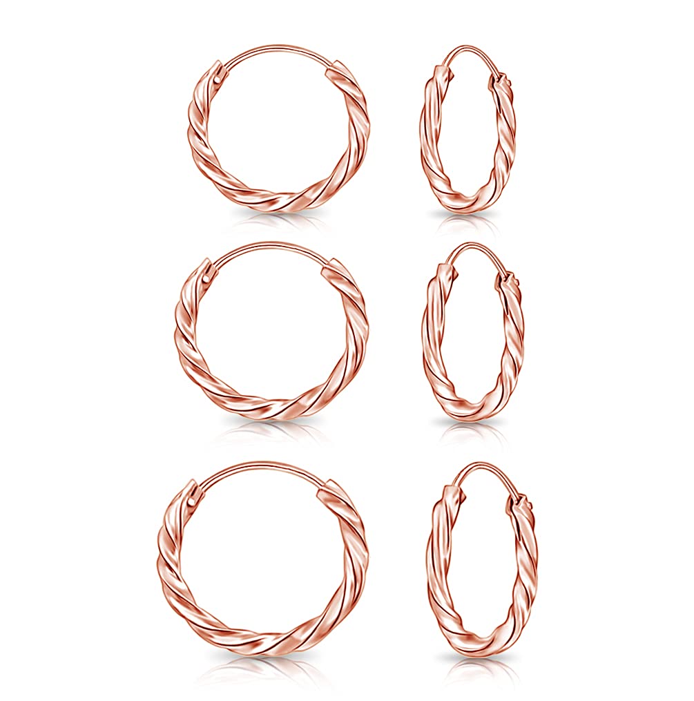 DTPsilver - Set of 3 PAIRS of TINY 925 Sterling Silver Rose Gold Plated Twisted Hoops/Sleepers Earrings - Thickness 1.8 mm - Diameter 10, 12 and 14 mm