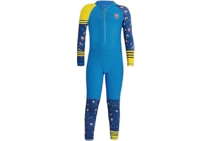 IDOPIP Kids Boys Girls Color Block One Piece Swimsuit Swimwear Long Sleeve Rash Guard Sunsuit Wetsuit Beachwear Bathing Suit