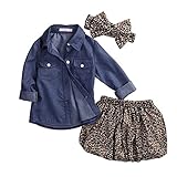GRNSHTS Baby Girls 3Pcs Skirt Set Blue Jean Shirt + Leopard Skirt + Headband (80/6-12 Months, Cowboy Shirt + Leopard Skirt)
