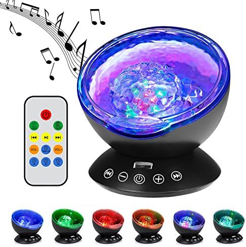 Remote Control Ocean Wave Projector, 12 LED &amp; 7 Color Changing Night Light with Built-in Mini Music Player for Baby Kids Living Room and Bedroom (Black) (Black)