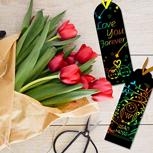 JINSEY Scratch Bookmarks Scratch Rainbow Paper Art Bookmarks 60 Pieces Scratch Paper DIY Bookmarks , with Wooden Styluses and Colorful Rope, Twine, Storage Bags