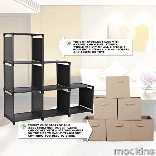 Mockins 3 Tier Storage Rack Bookcase Shelf Bundle with 6 Foldable Cube