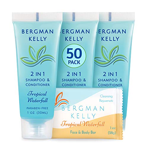BERGMAN KELLY Rectangle Soap Bars, 2in1 Shampoo & Conditioner 2-Piece Set (Tropical Waterfall, 1 oz each, 100 pc), Delight Your Guests with Revitalizing & Refreshing Travel Toiletries Hotel Amenities