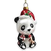 Cute Panda with Santa Hat and Gift Blown Glass Christmas Ornament