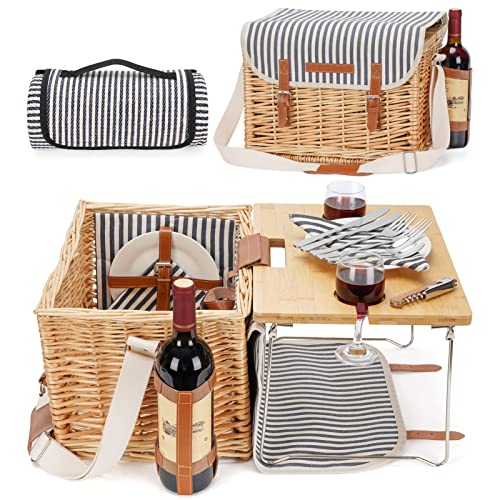 Wicker Picnic Basket For 2 With Detachable Table, Elasticated Wine