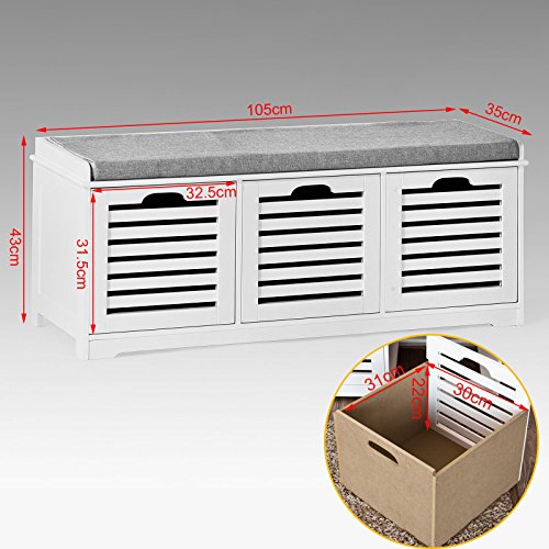 Haotian FSR23W, White Storage Bench with 3 Drawers & Padded Seat