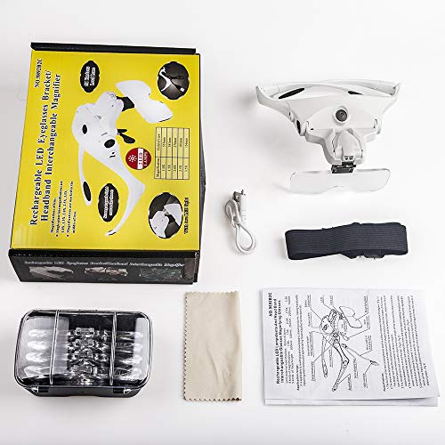BIJIA Head Magnifier-USB Rechargeable LED Illuminated Head Mount Magnifying Glass with Headband,2 LED Light,5 Interchangeable Lens for Jewelry Loupe,Crafts,Electronics Repair,Hobby,Eyelash Extension