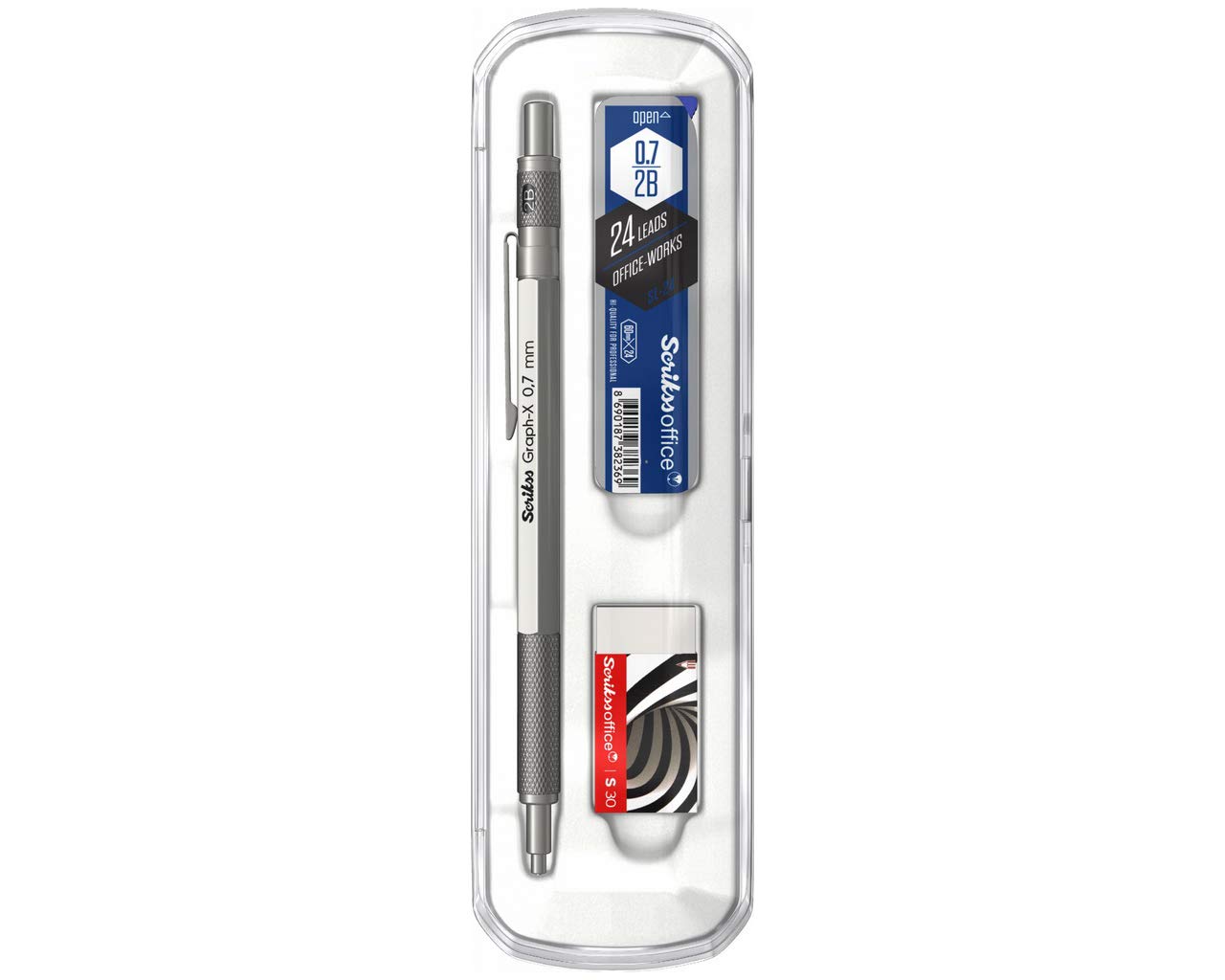 SCRIKSS - Mechanical Pencil - Graph-X + Scrikss Tube 2B Pencil Lead + Scrikss Eraser (GREY, 0.7mm)