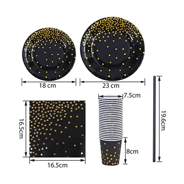 ANECO 146 pieces Black With Gold Foil Party Supplies Disposable Party Tableware Set for Graduation, Party, for 24 Guests
