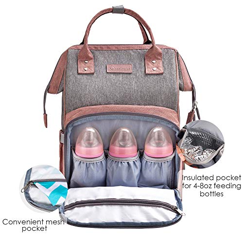 upsimples Diaper Bag Backpack Nappy Bag Baby Bags for Mom and Dad Maternity Diaper Bag with USB Charging Port Stroller Straps Thermal Pockets,Water Resistant, Pink Grey