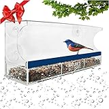 Nature’s Outpost Window Bird Feeder | One Way Mirror Film | Removable Tray with Drain Holes | Extra Strong Suction Cups | 100% Crystal Clear Acrylic | 20% Larger, 15x6 inch Panoramic View