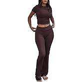 YETOWA Women's 2 Piece Lounge Outfits Slim Short Sleeve Tops Low Rise Flare Leggings Sets Yoga Sweatsuit