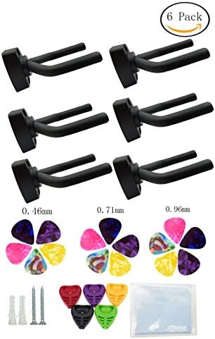 FF Elaine 6 Pack Black Guitar Hanger Hook Holder Wall Mount Display with Screws Fits Most Guitars,Go with 15 Picks + 5 Pick Holders + 1 Wipe Cloth
