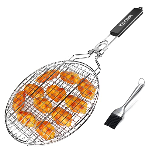 penobon Fish Grilling Basket, Folding Portable Stainless Steel BBQ Grill Basket for Fish Vegetables Shrimp with Removable Handle, Come with Basting Brush and Storage Bag